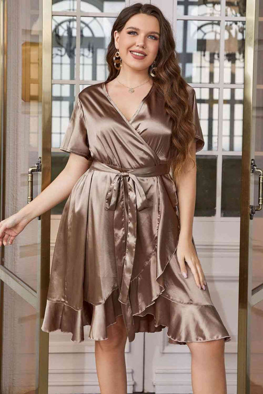 Plus Size Belted Ruffled Surplice Dress - TRENDMELO