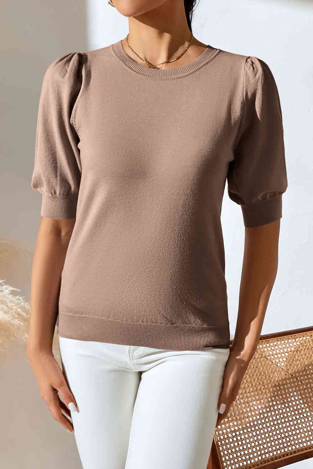 Round Neck Puff Sleeve Knit Top - TRENDMELO