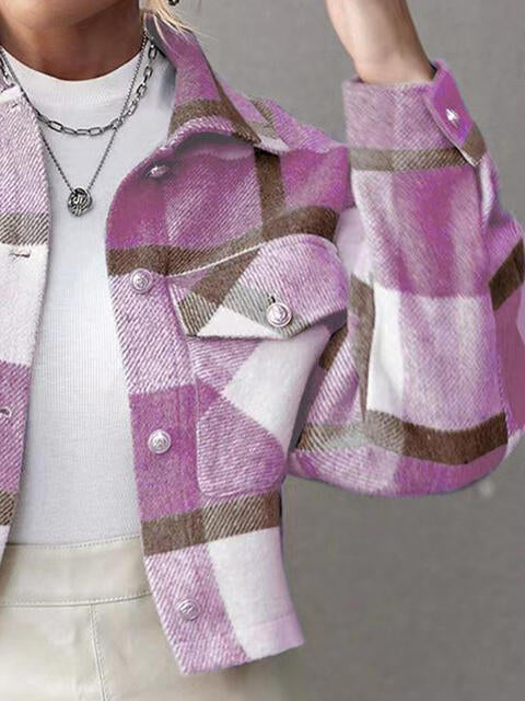 Plaid Collared Neck Button Down Jacket - TRENDMELO