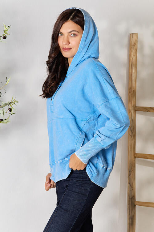 Zenana Half Snap Long Sleeve Hoodie with Pockets - TRENDMELO