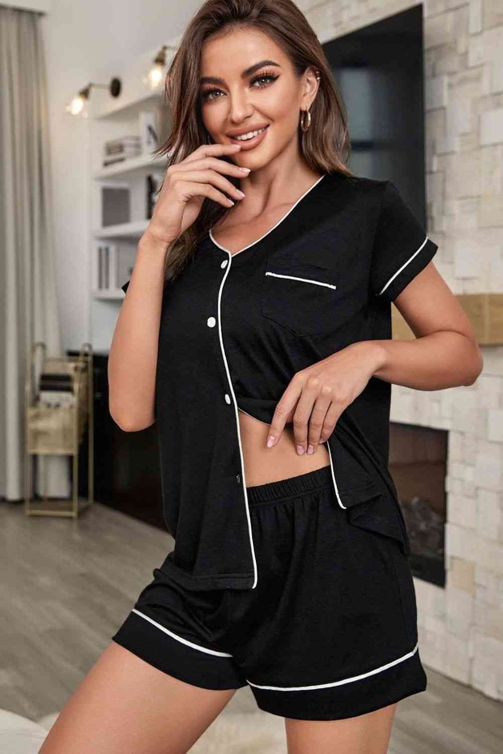 Contrast Piping Button-Up Top and Shorts Pajama Set - TRENDMELO