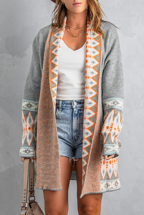 Geometric Open Front Long Sleeve Cardigan - TRENDMELO