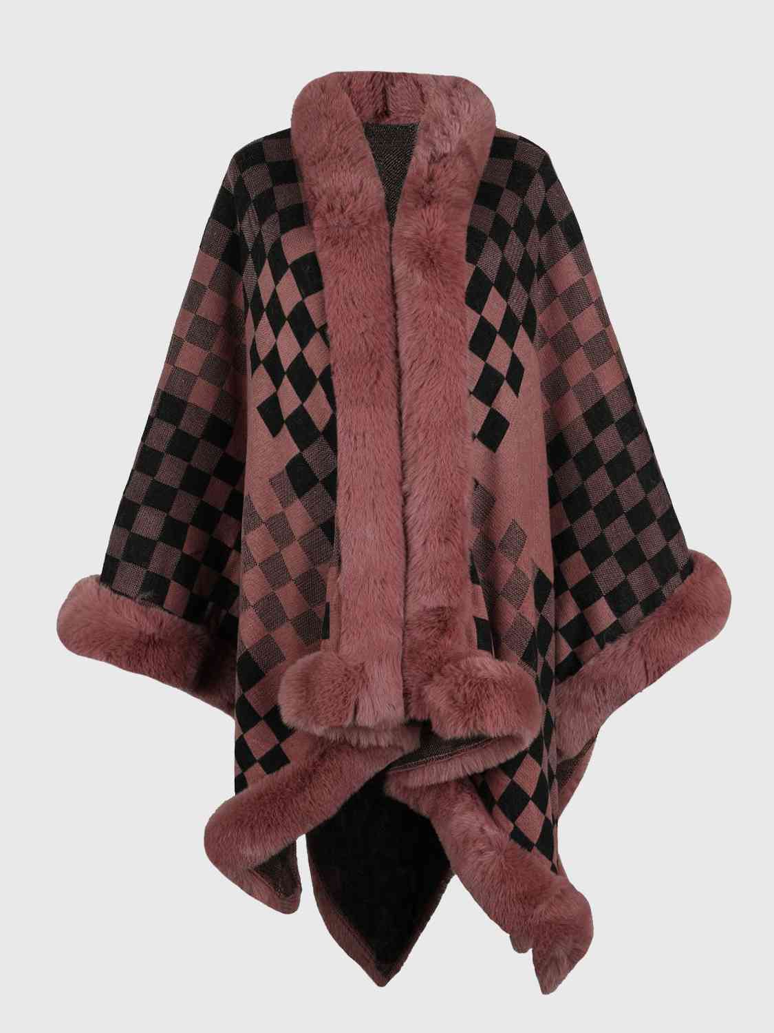 Checkered Faux Fur Trim Poncho - TRENDMELO