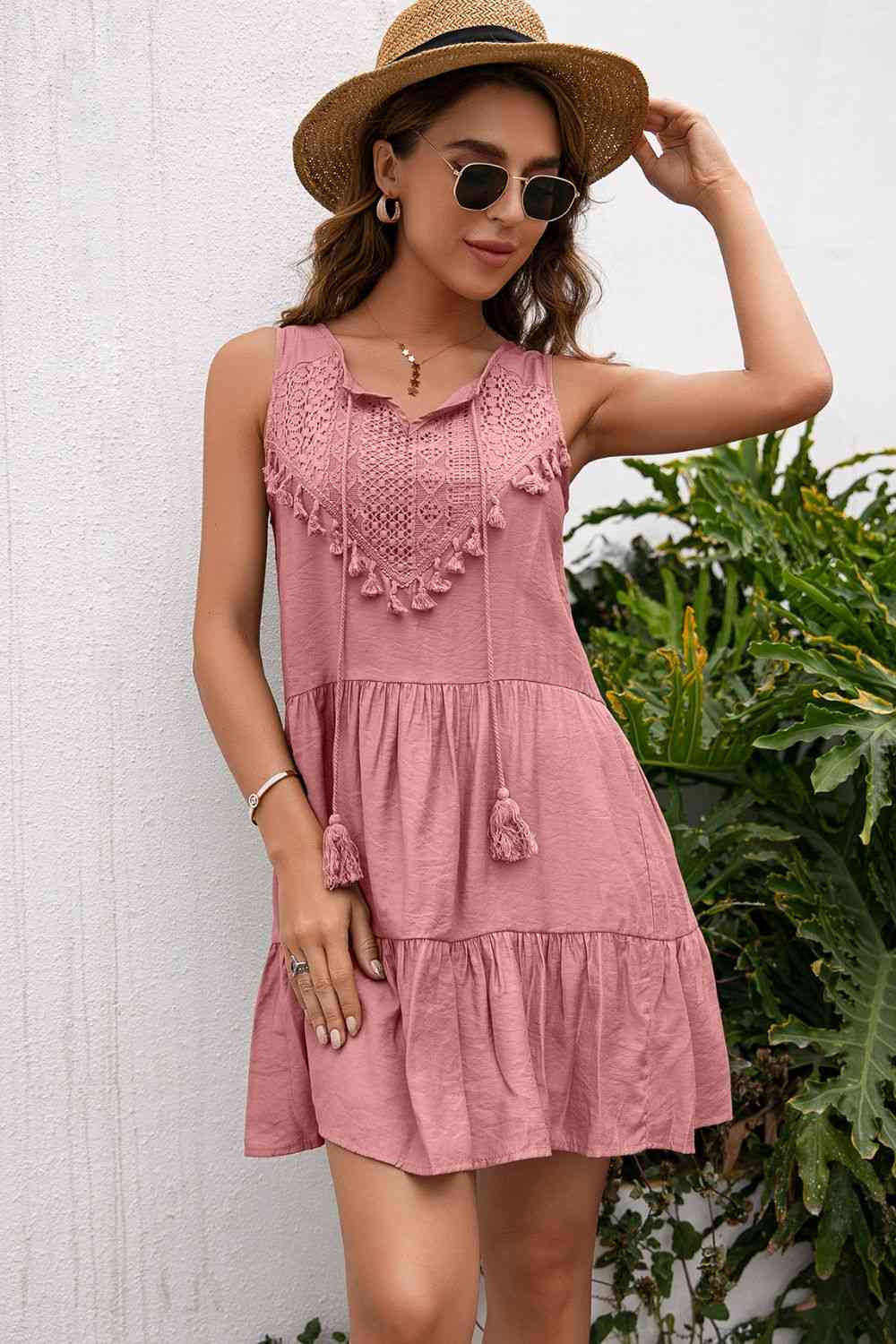 Tassel Tie Lace Trim Sleeveless Dress - TRENDMELO