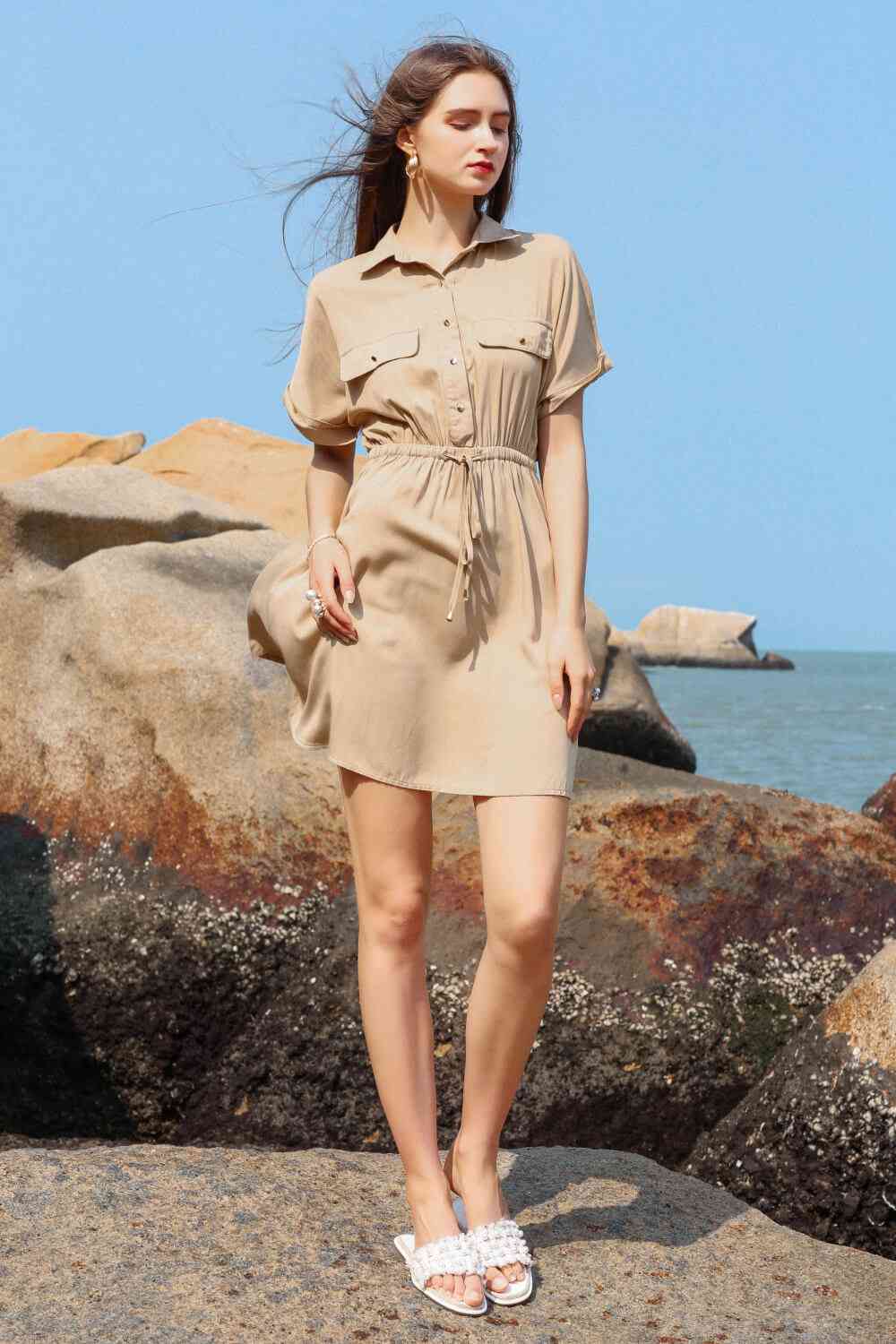 Half Button Drawstring Waist Short Sleeve Shirt Dress - TRENDMELO