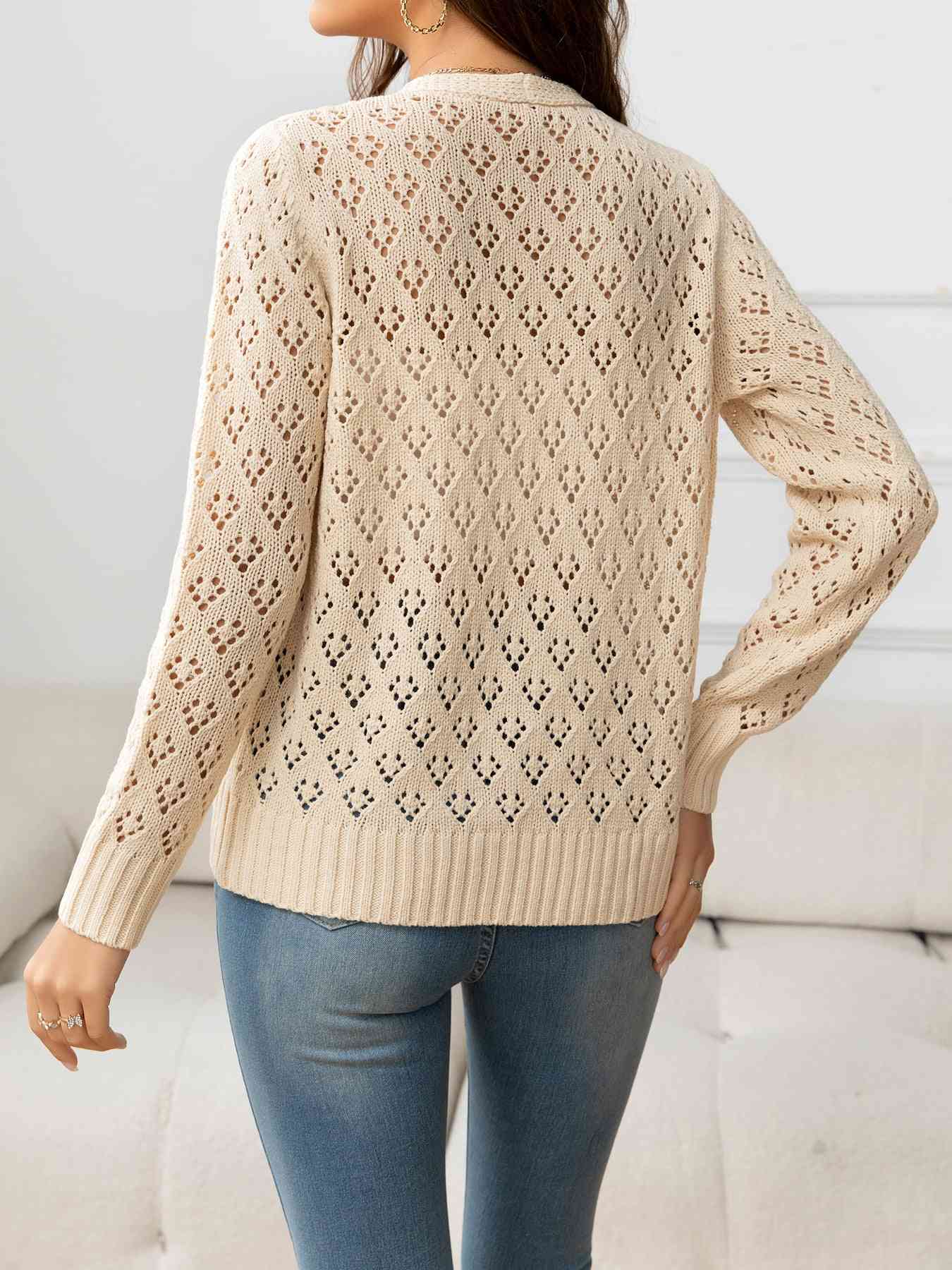 Openwork V-Neck Buttoned Knit Top - TRENDMELO