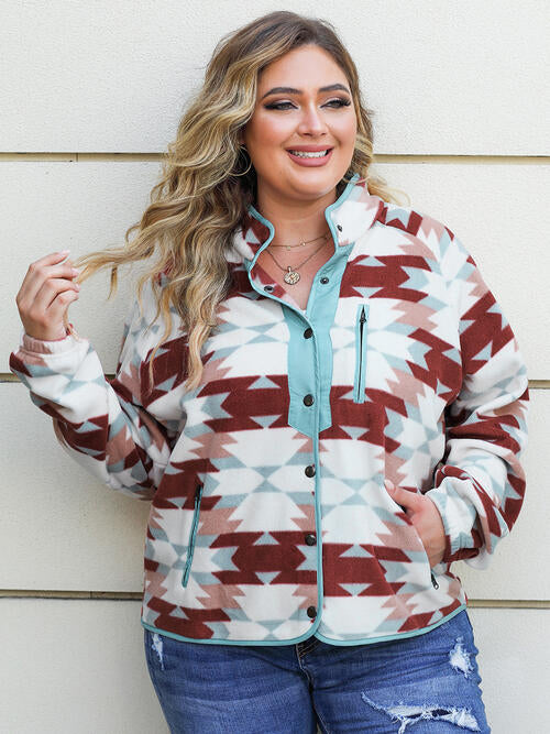 Plus Size Geometric Snap Down Long Sleeve Jacket - TRENDMELO