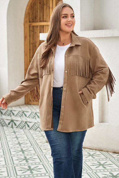 Plus Size Fringe Trim Snap Down Long Sleeve Shacket - TRENDMELO