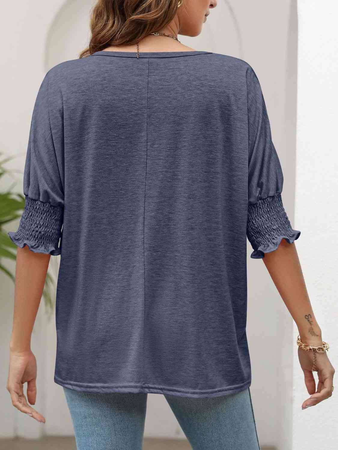 Smocked Flounce Sleeve Round Neck T-Shirt - TRENDMELO