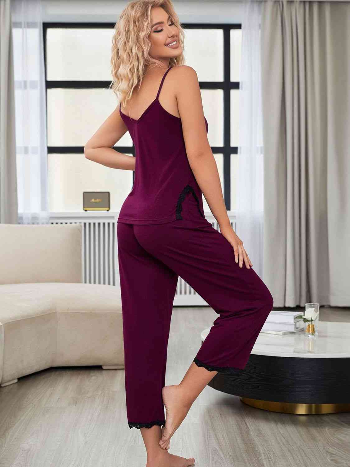 V-Neck Lace Trim Slit Cami and Pants Pajama Set - TRENDMELO