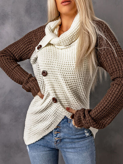 Contrast Decorative Button Turtleneck Sweater - TRENDMELO