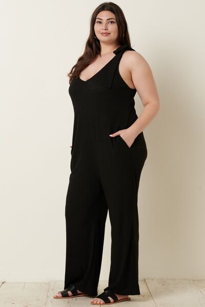 Mittoshop Rib Knit V-Neck Cross Back Jumpsuit - TRENDMELO