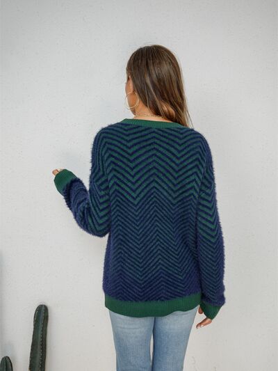 Striped Round Neck Dropped Shoulder Sweater - TRENDMELO