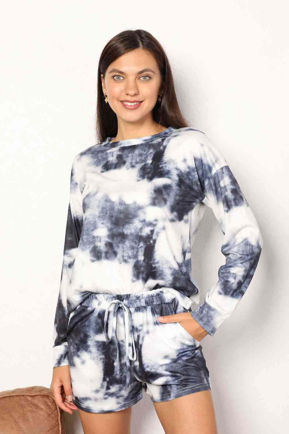 Double Take Tie-Dye Round Neck Top and Shorts Lounge Set - TRENDMELO