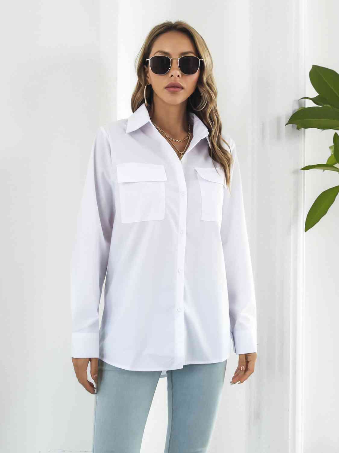 Collared Neck Buttoned Shirt with Pockets - TRENDMELO