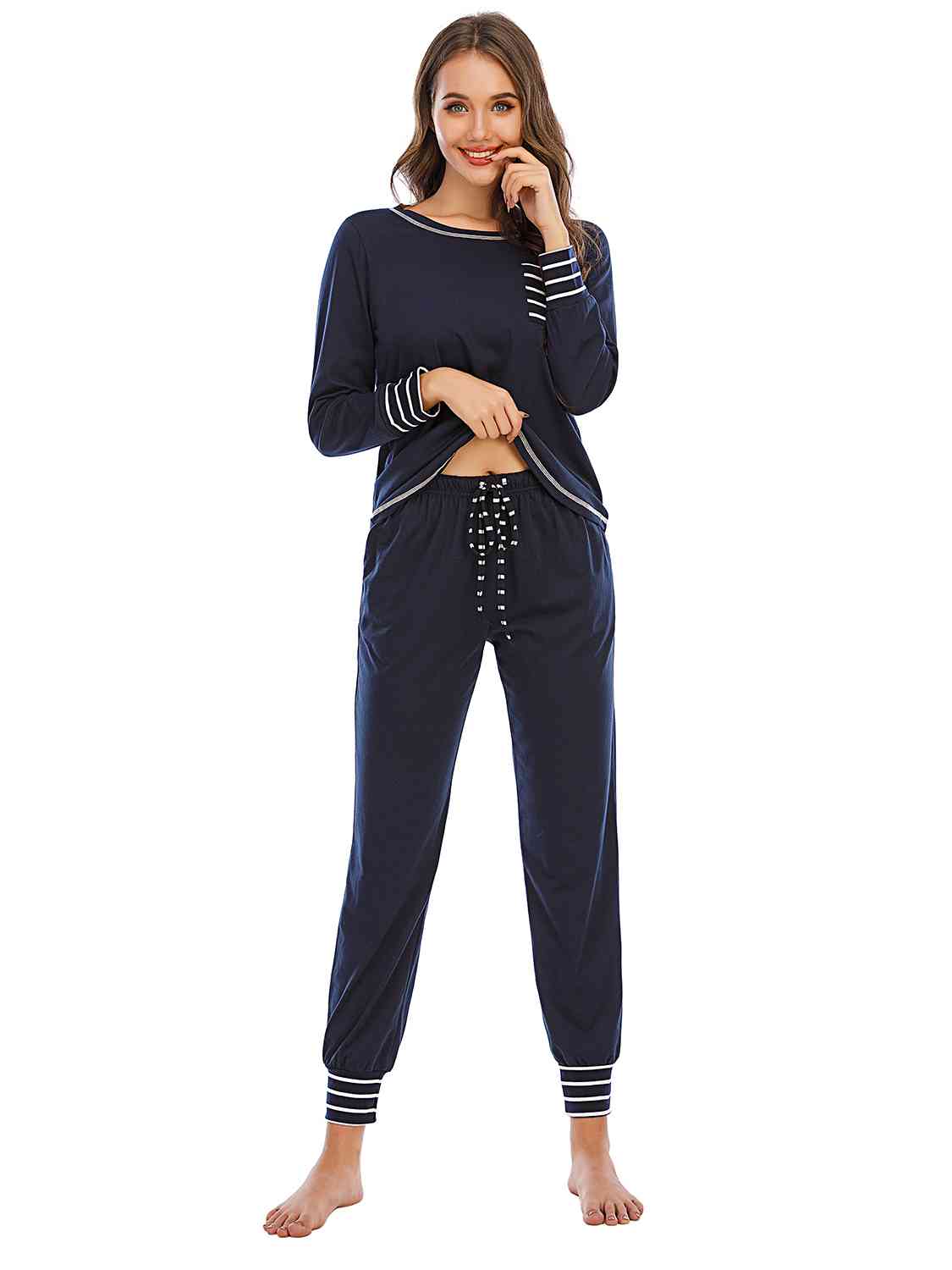 Round Neck Top and Pants Lounge Set - TRENDMELO