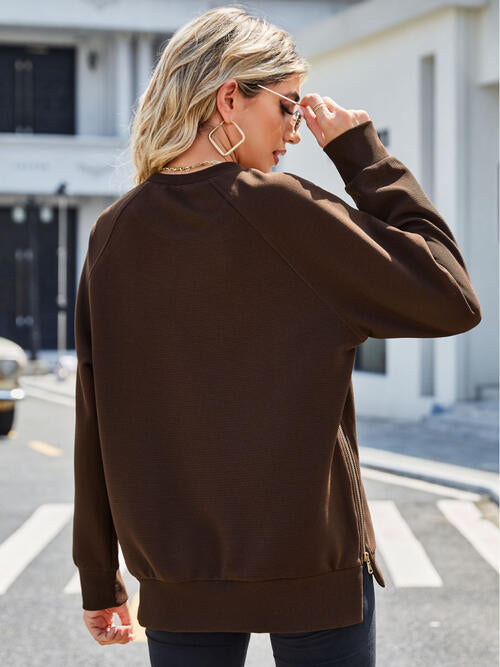 Zip Detail Round Neck Long Sleeve Sweatshirt - TRENDMELO