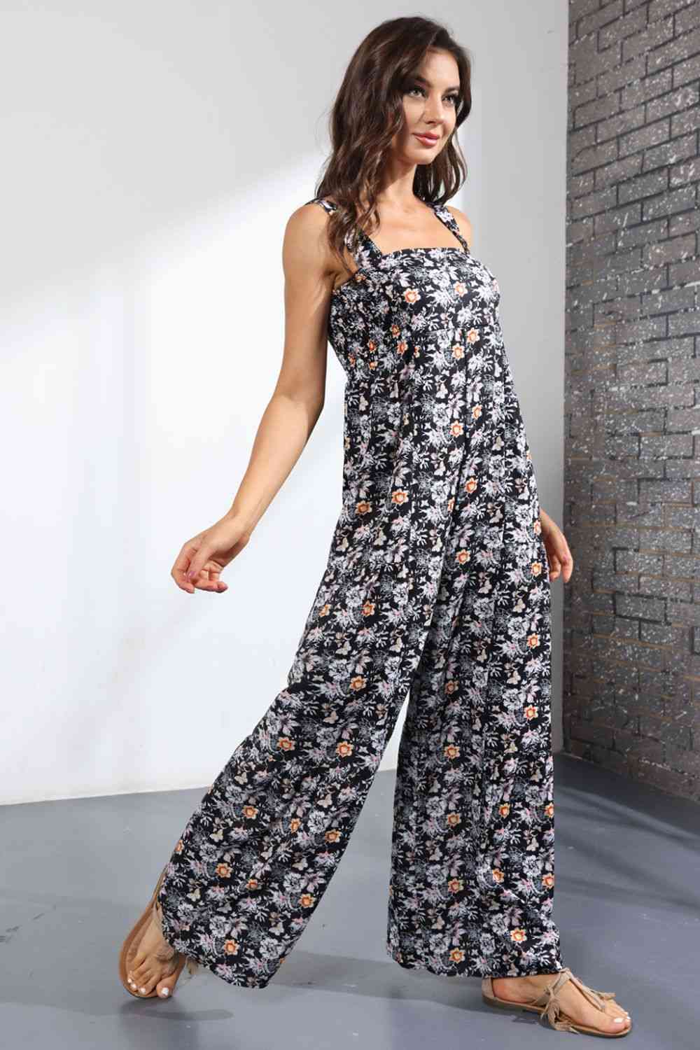 Floral Square Neck Wide Leg Jumpsuit - TRENDMELO