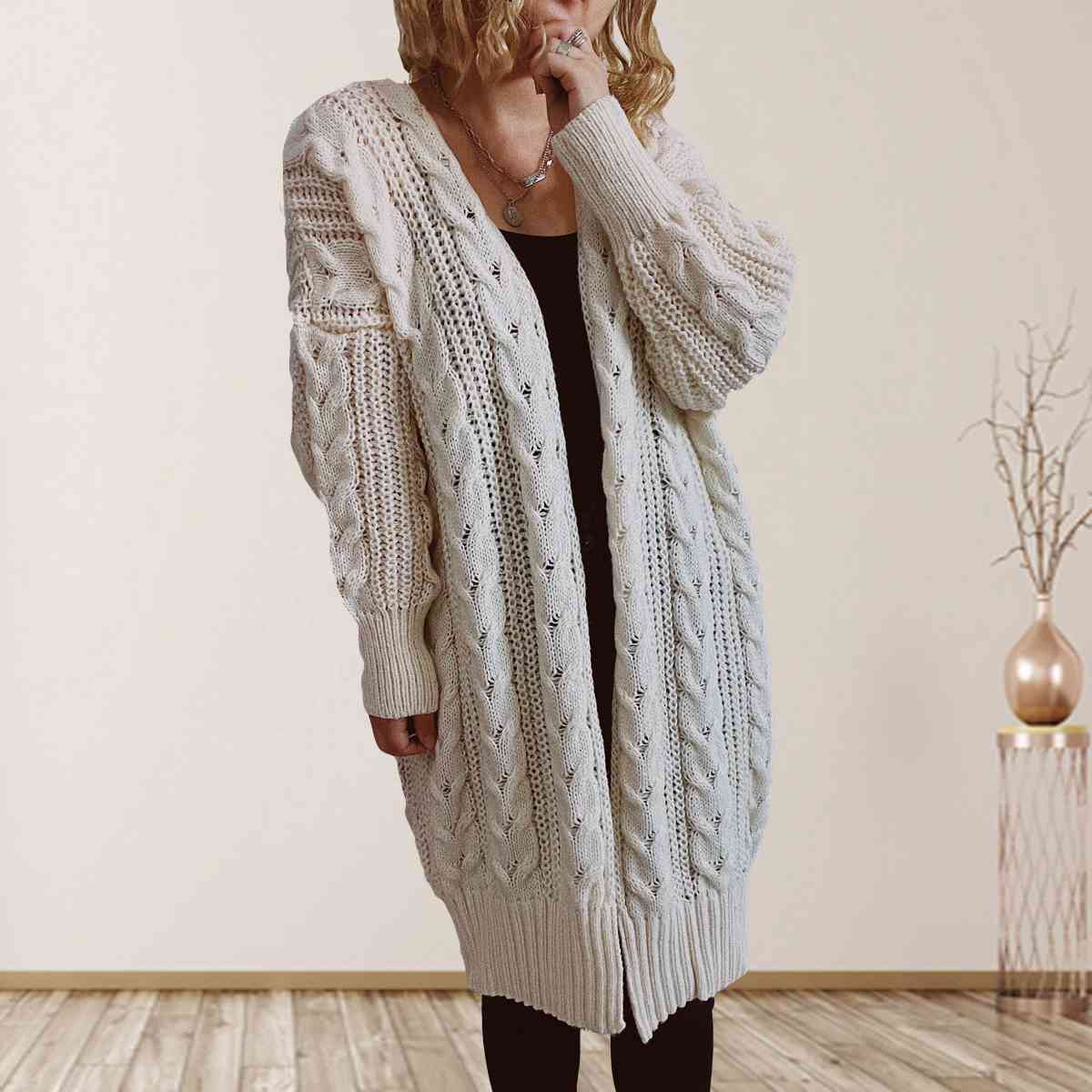 Cable-Knit Open Front Dropped Shoulder Cardigan - TRENDMELO