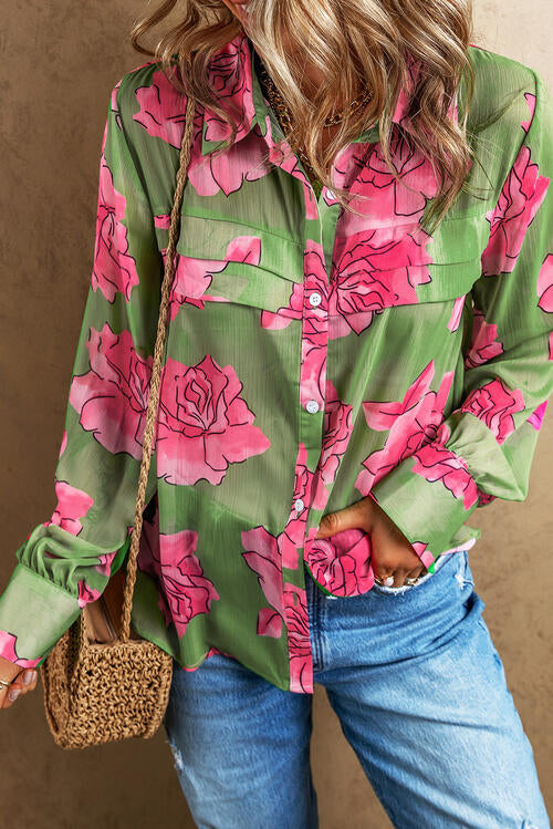 Flower Collared Neck Long Sleeve Shirt - TRENDMELO