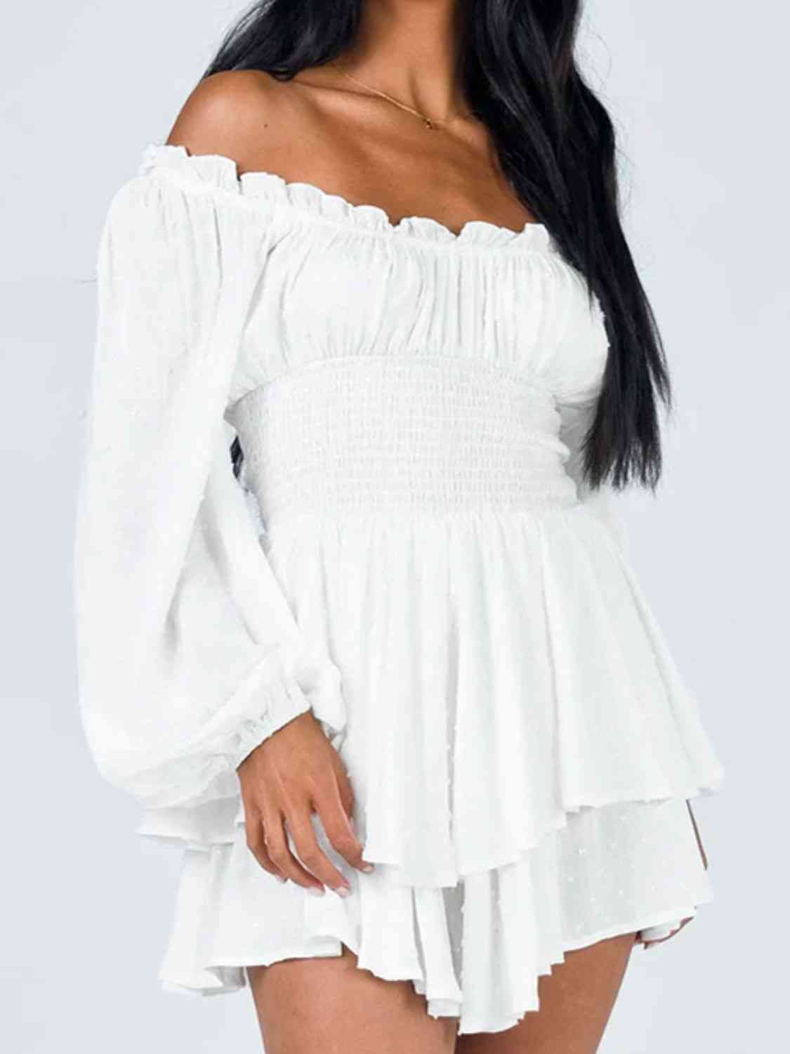 Off Shoulder Smocked Waist Romper - TRENDMELO