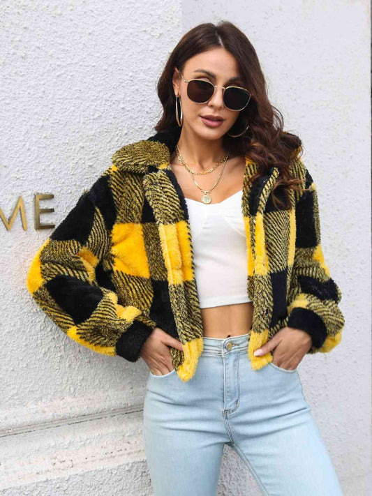 Plaid Dropped Shoulder Buttoned Jacket - TRENDMELO