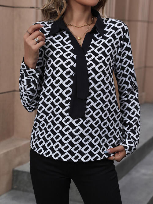 Printed Collared Neck Long Sleeve Shirt - TRENDMELO