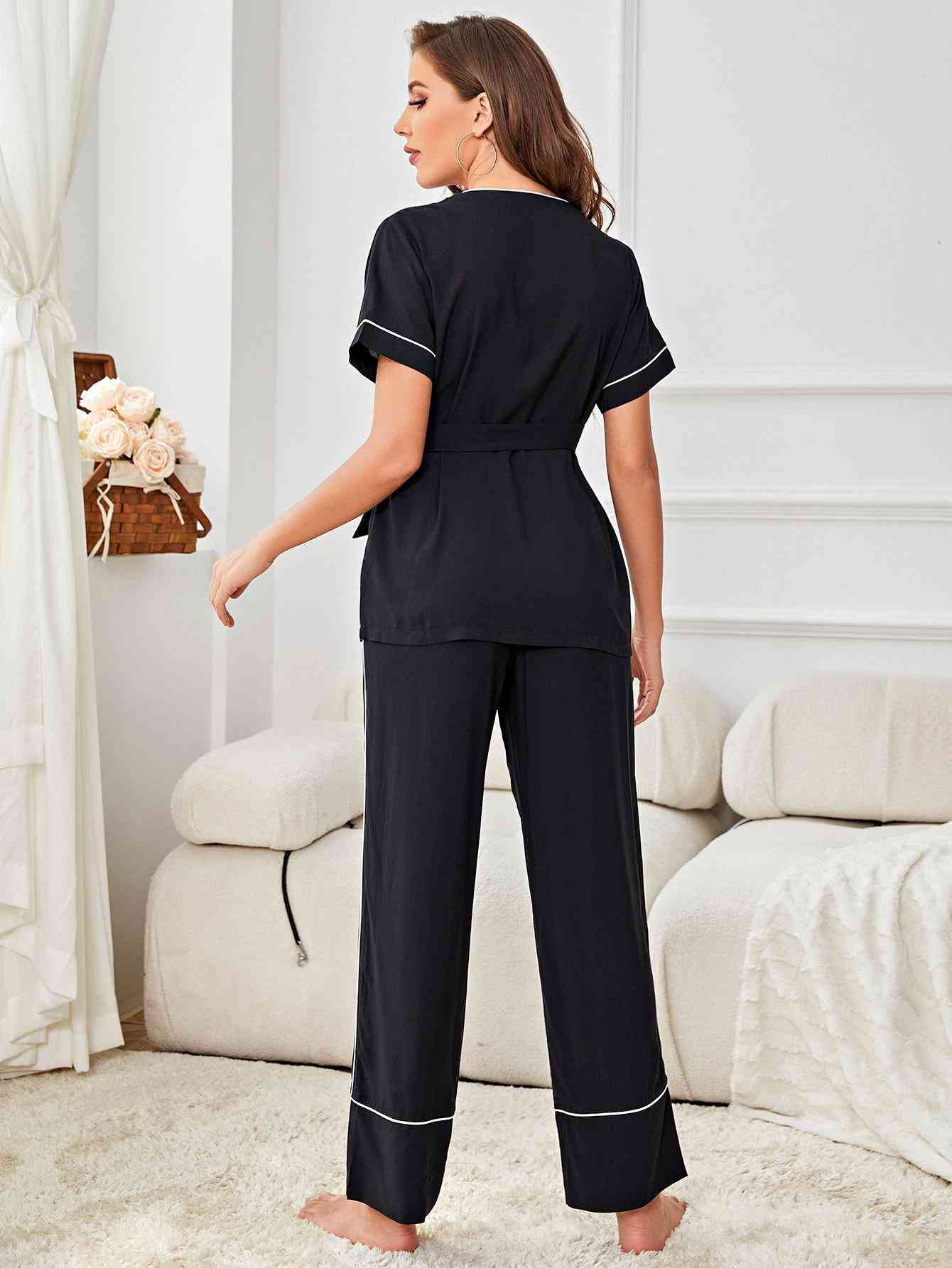 Contrast Piping Belted Top and Pants Pajama Set - TRENDMELO