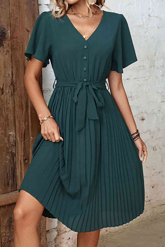 Buttoned V-Neck Flutter Sleeve Pleated Dress - TRENDMELO