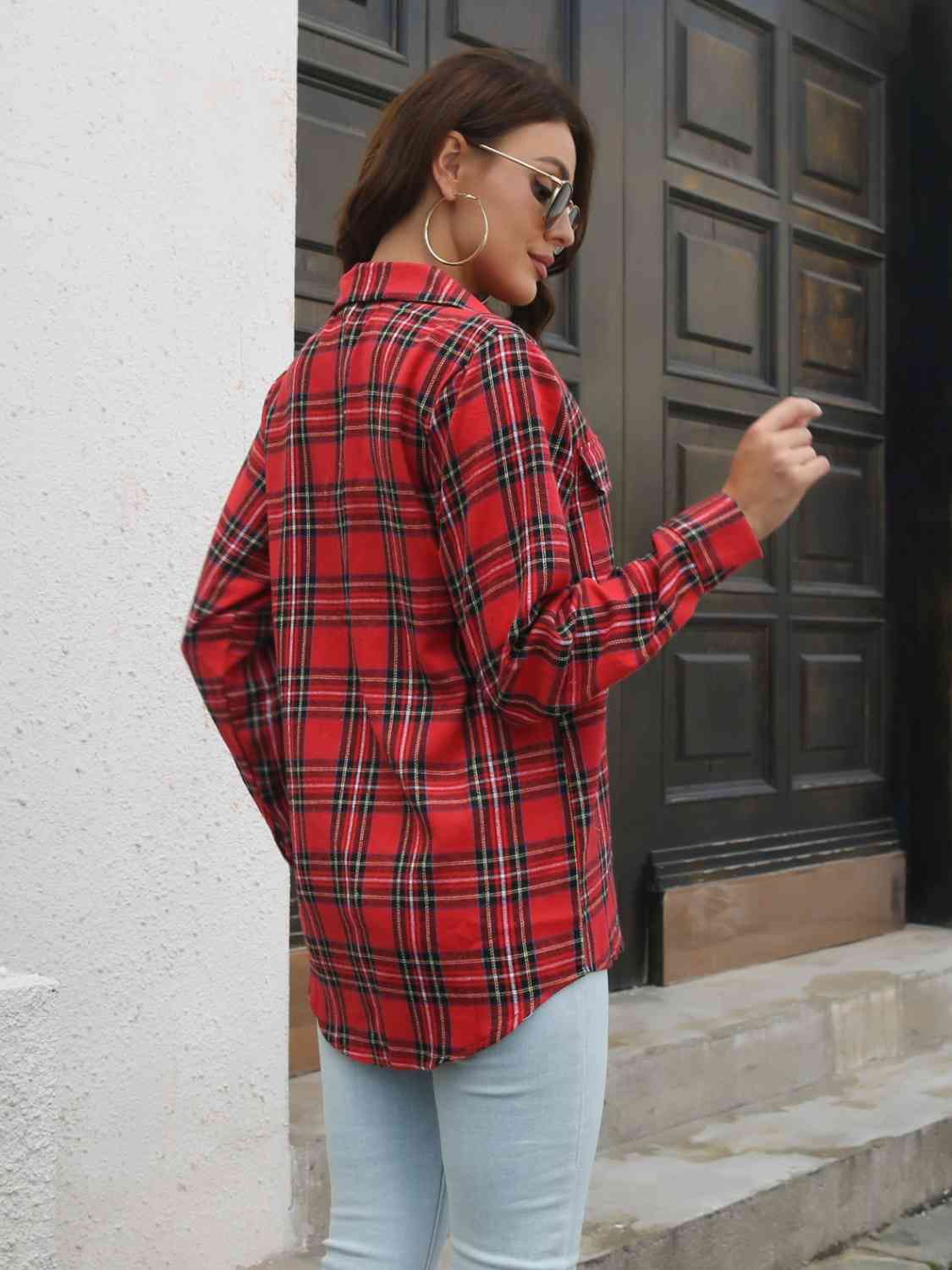 Plaid Collared Neck Buttoned Shirt with Pockets - TRENDMELO