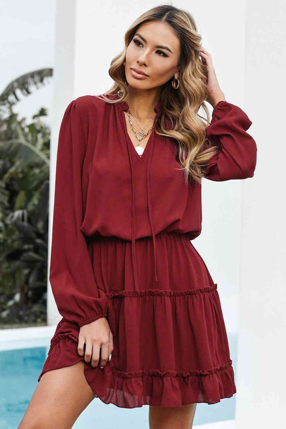 Tied Frill Trim Puff Sleeve Mini Dress - TRENDMELO