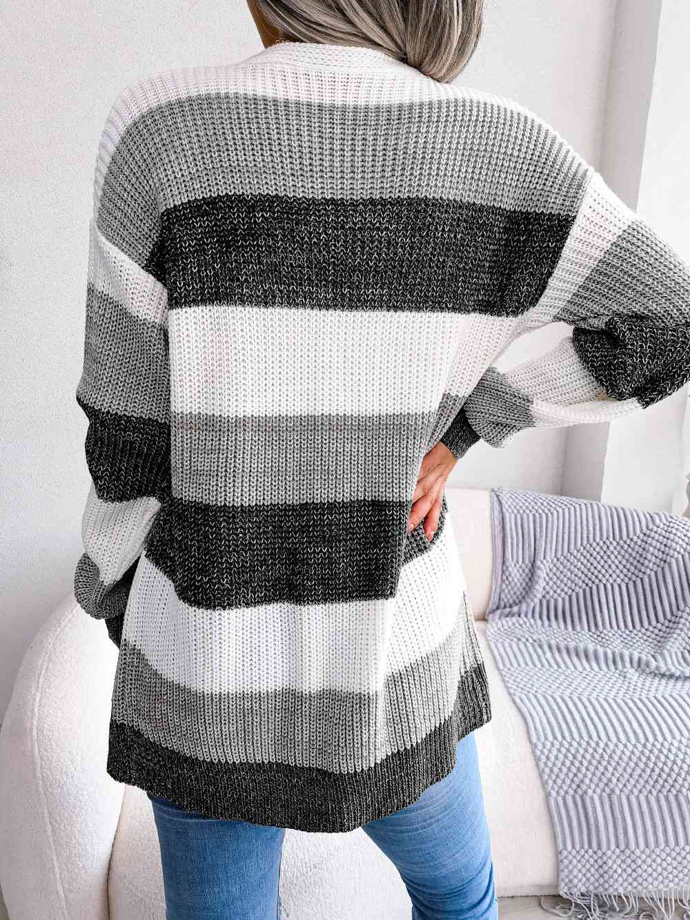 Striped Rib-Knit Open Front Longline Cardigan - TRENDMELO