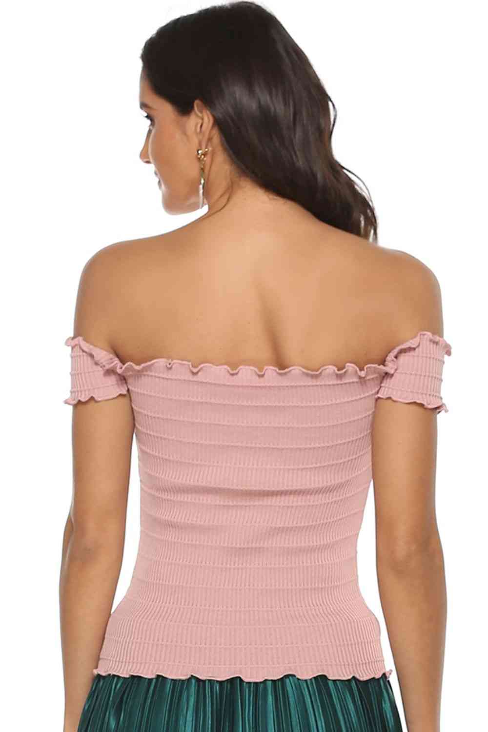 Lace-Up Front Lettuce Hem Off-Shoulder Knit Top - TRENDMELO