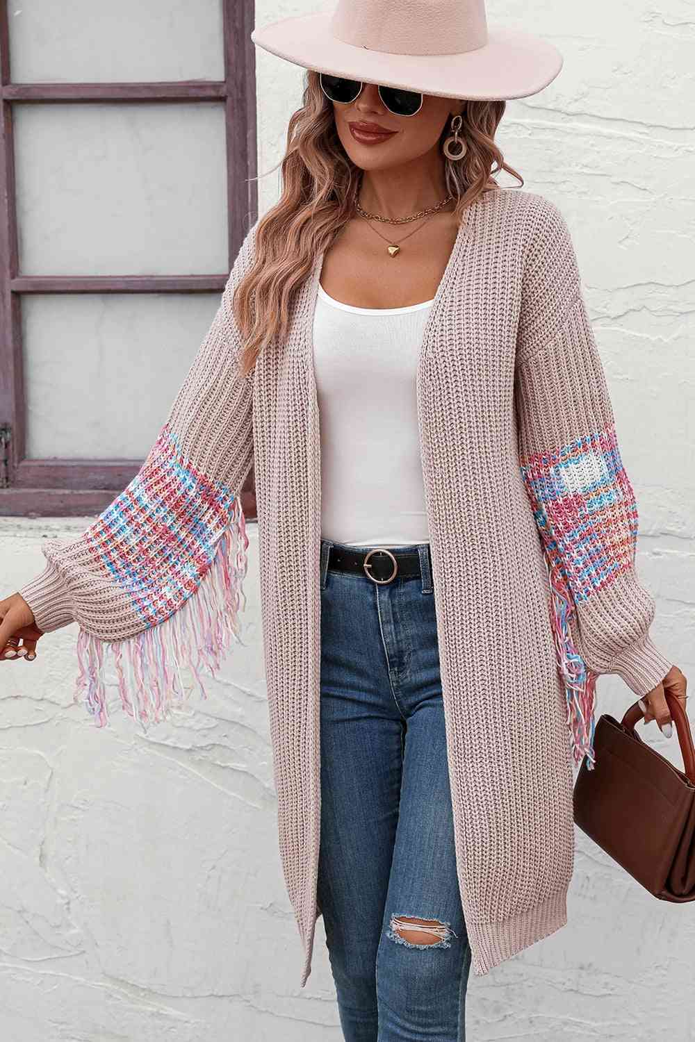 Fringe Sleeve Dropped Shoulder Cardigan - TRENDMELO