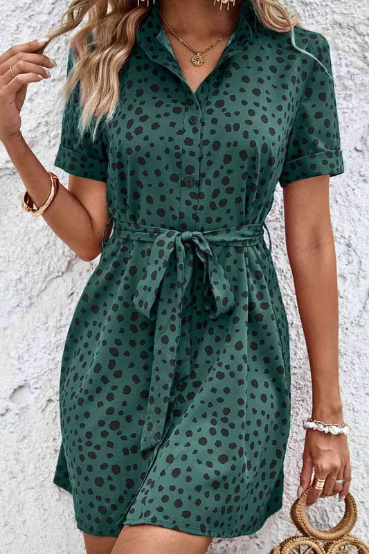 Dotted Short Sleeve Tie Belt Dress - TRENDMELO