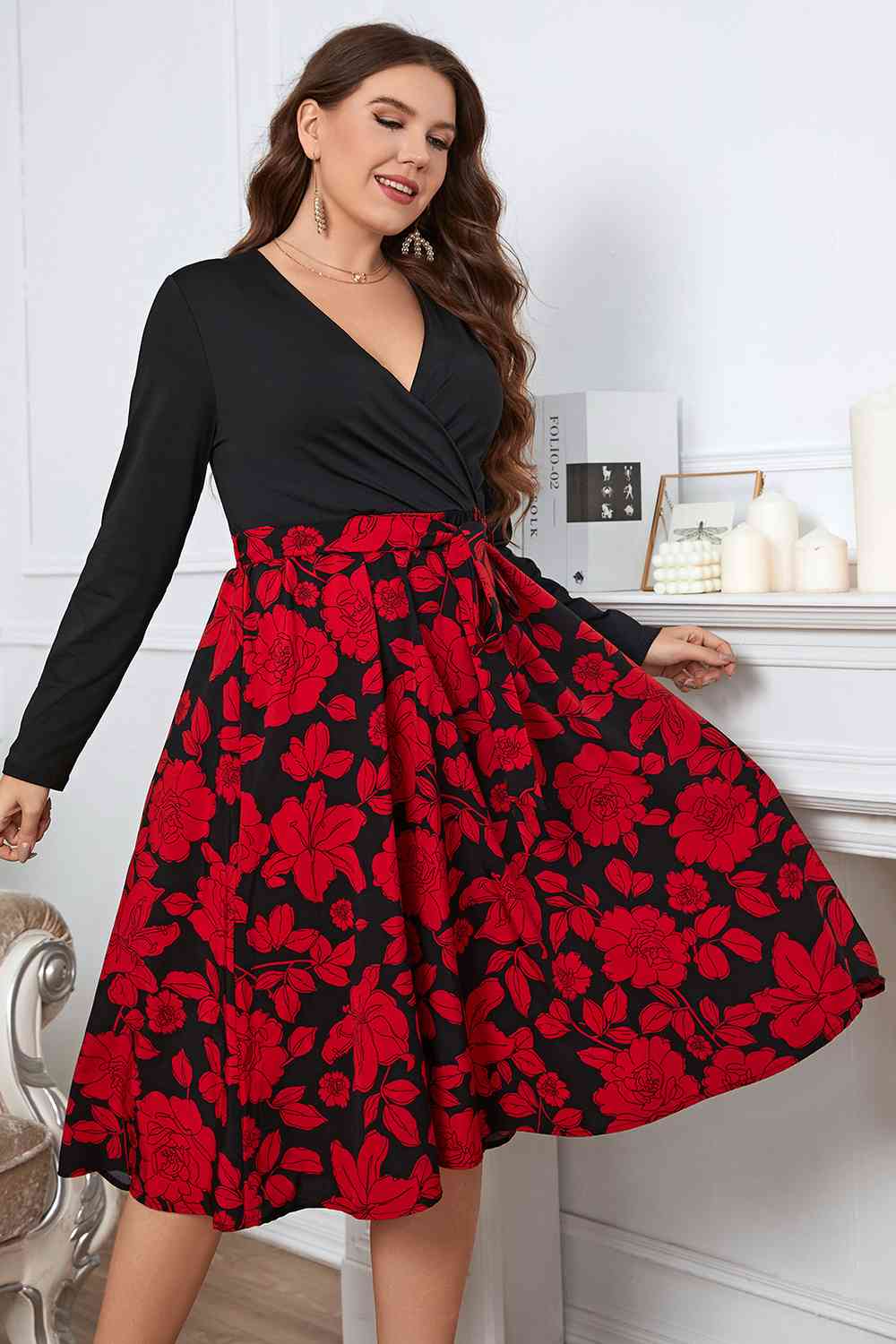 Plus Size Floral Surplice Neck Long Sleeve Dress - TRENDMELO