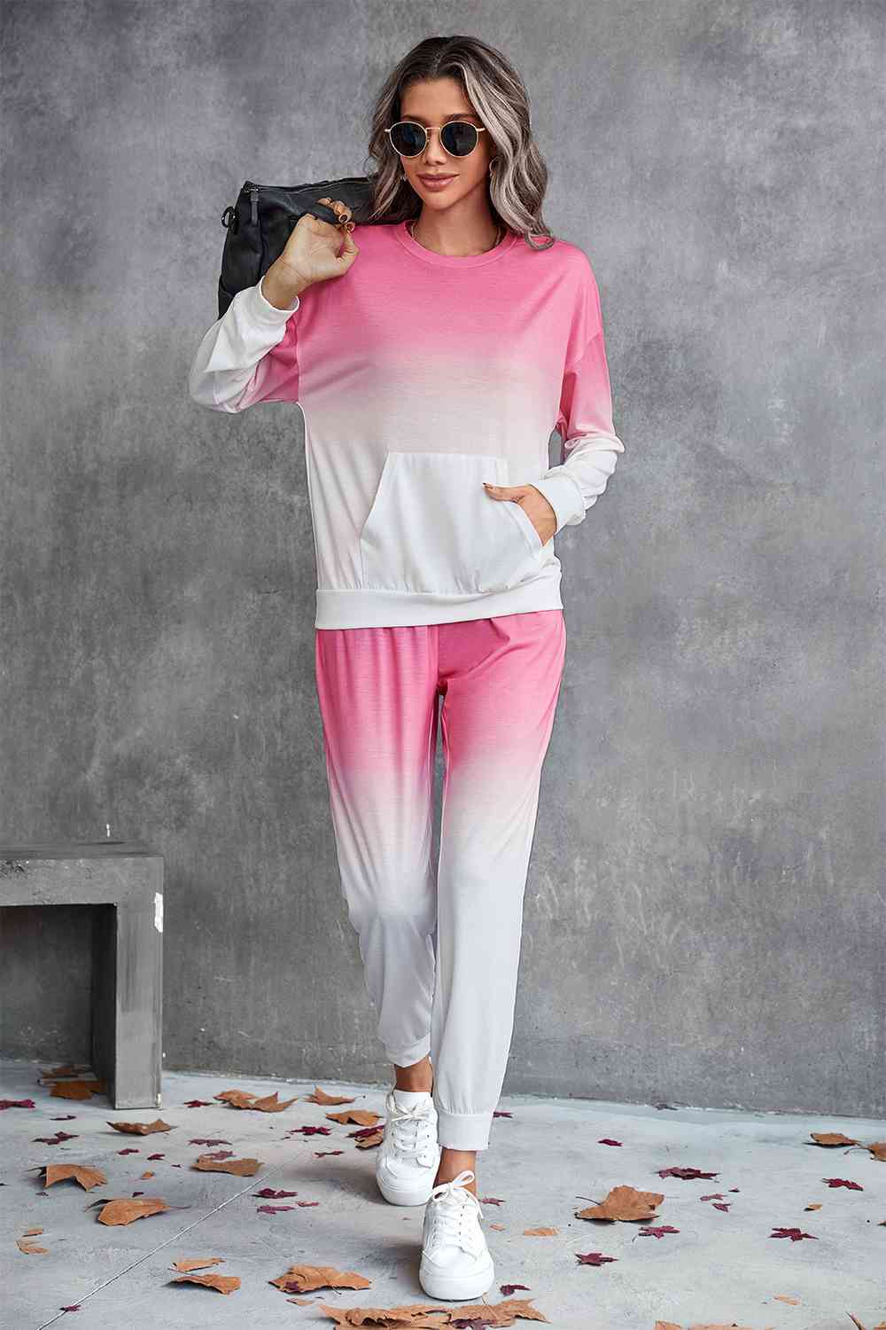 Gradient Round Neck Sweatshirt and Joggers Set - TRENDMELO