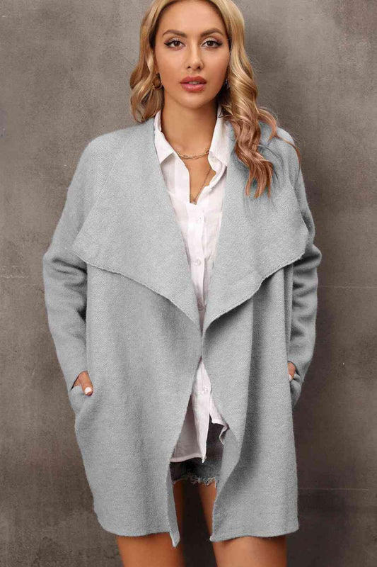 Waterfall Collar Longline Cardigan with Side Pockets - TRENDMELO