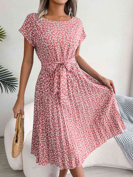 Ditsy Floral Pleated Belted Dress - TRENDMELO