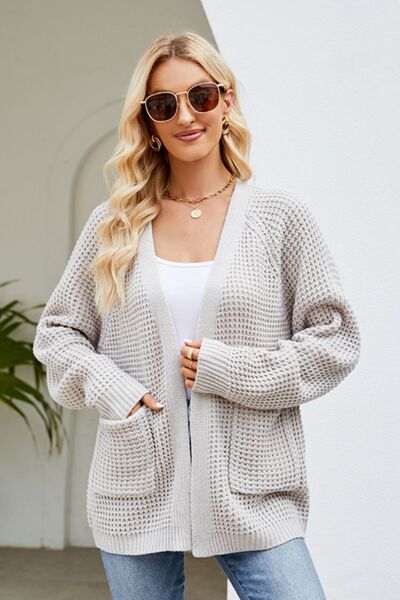 Open Front Raglan Sleeve Pocketed Cardigan - TRENDMELO