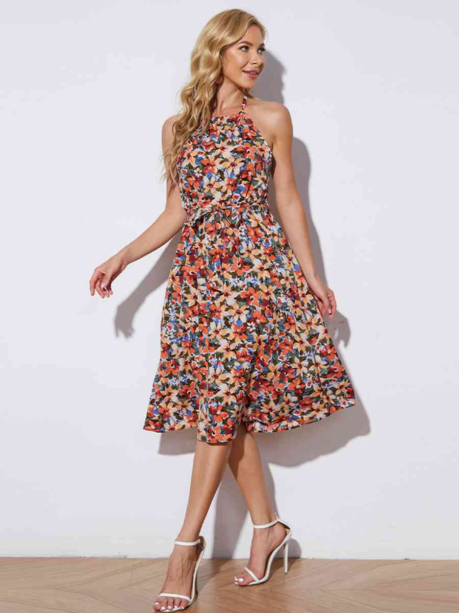 Floral Halter Neck Tie-Waist Backless Dress - TRENDMELO