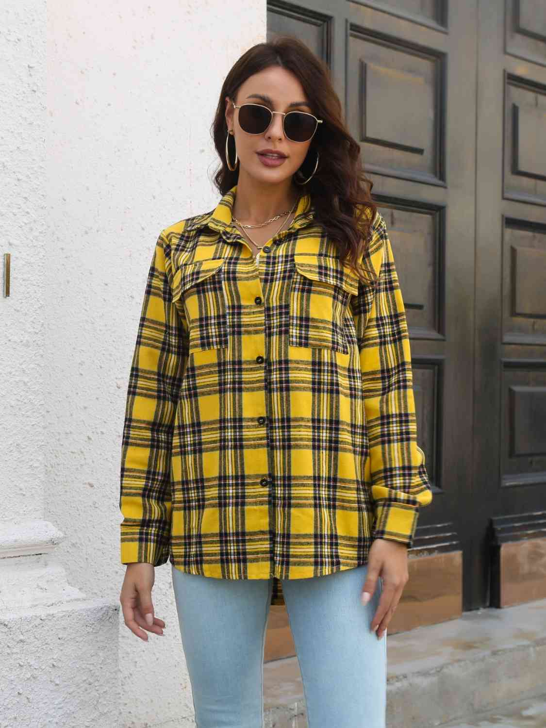 Plaid Collared Neck Buttoned Shirt with Pockets - TRENDMELO