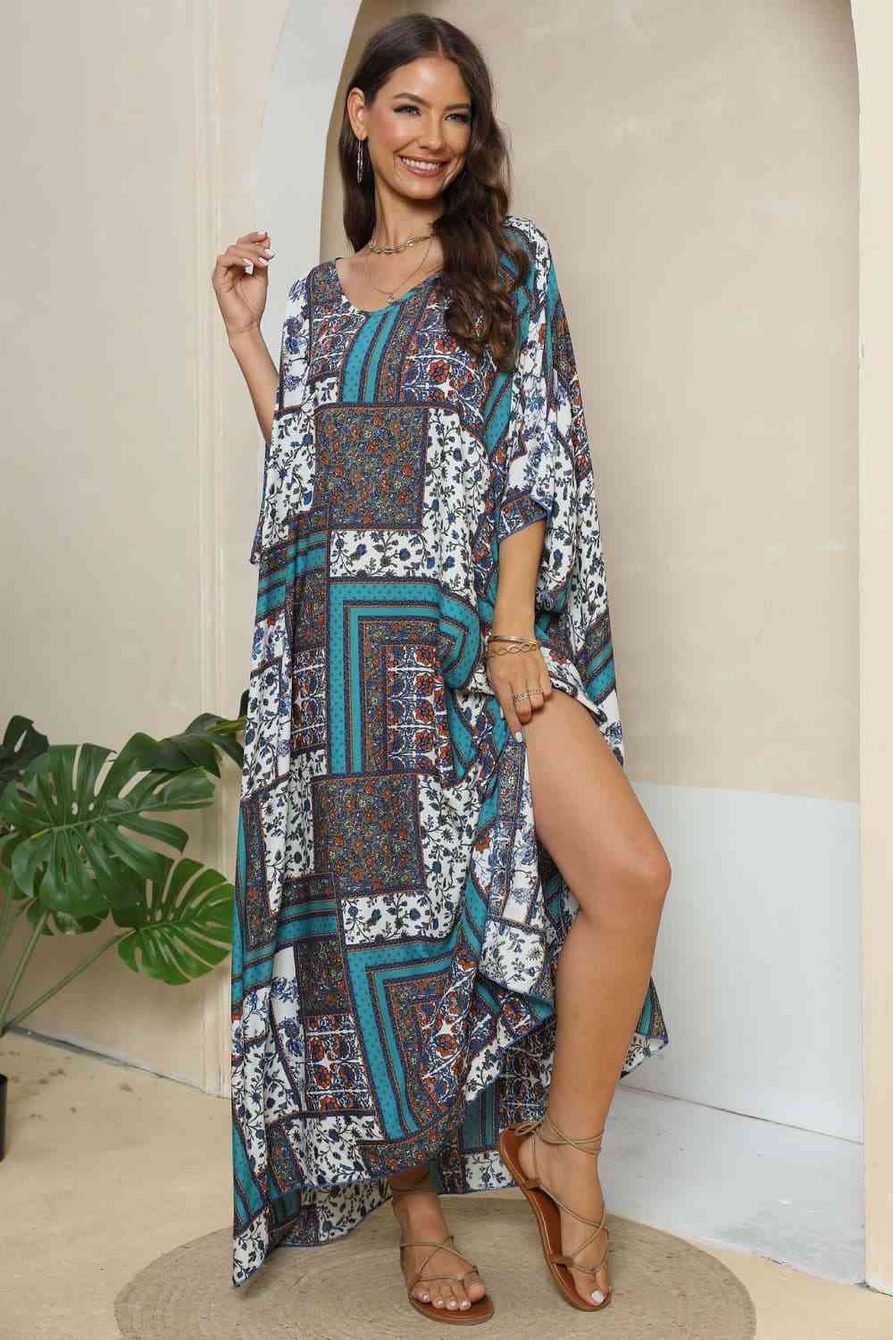 Printed V-Neck Split Maxi Dress - TRENDMELO