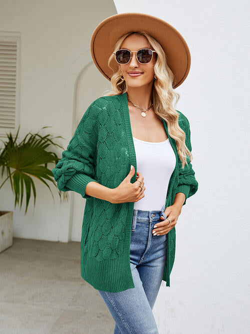 Openwork Open Front Lantern Sleeve Cardigan - TRENDMELO