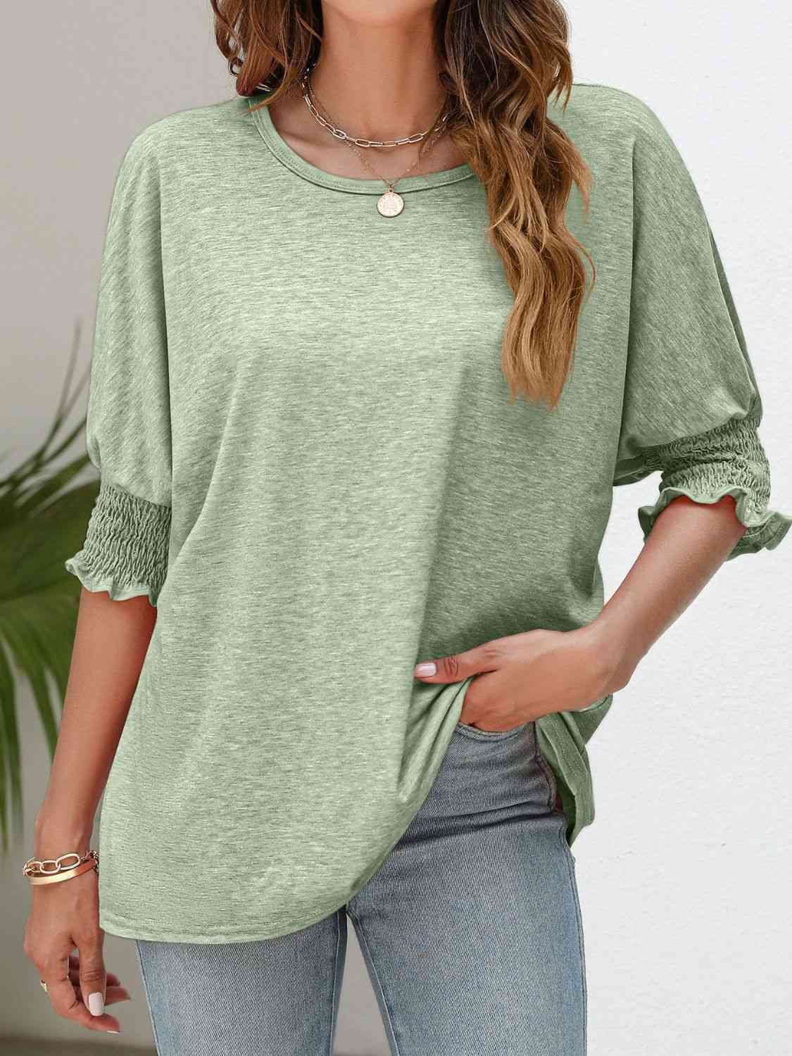 Smocked Flounce Sleeve Round Neck T-Shirt - TRENDMELO