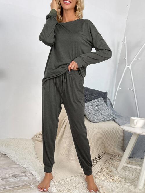 Round Neck Top and Drawstring Pants Lounge Set - TRENDMELO