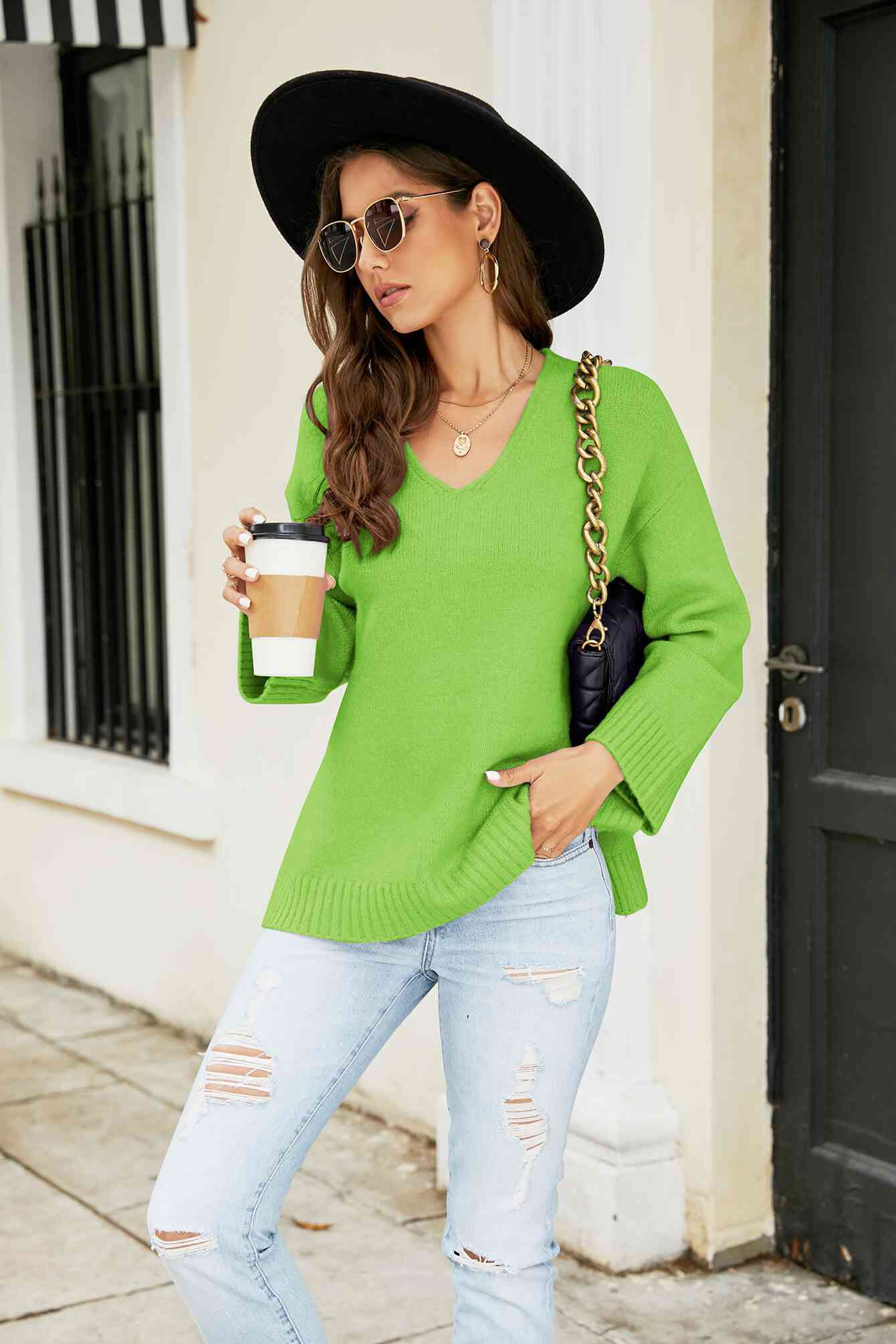 Drop Shoulder V-Neck Knit Pullover - TRENDMELO