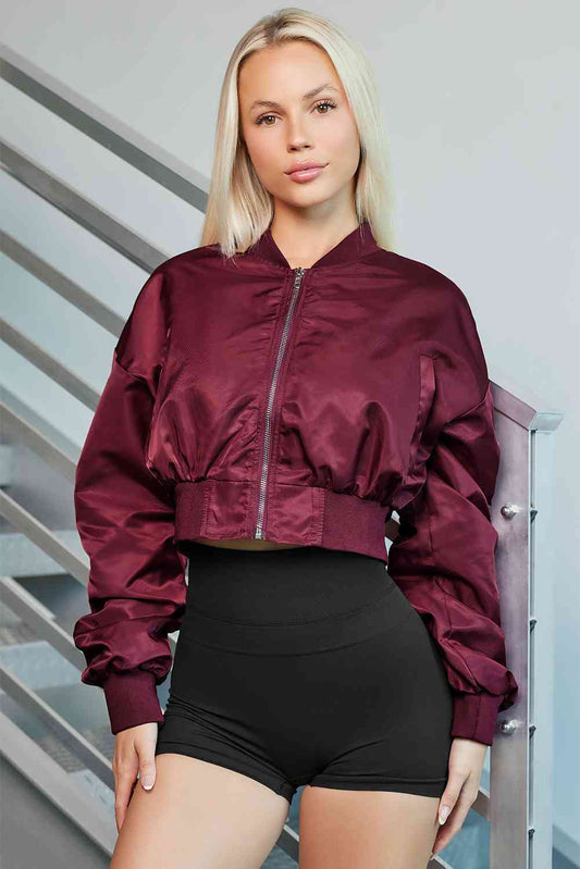 Zip-Up Ruched Cropped Jacket - TRENDMELO