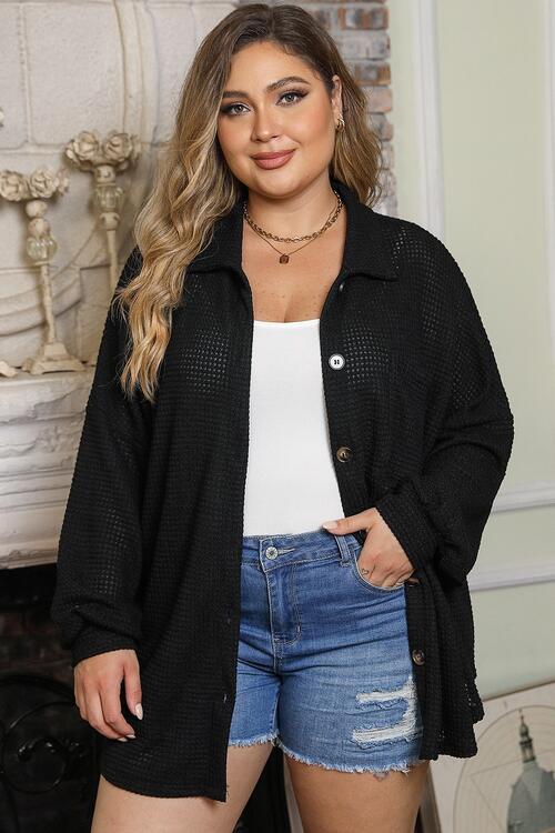 Plus Size Waffle Knit Button Up Collared Neck Shirt - TRENDMELO