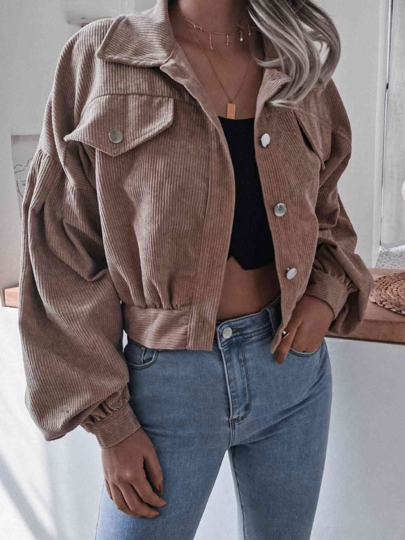 Lantern Sleeve Cropped Corduroy Jacket - TRENDMELO